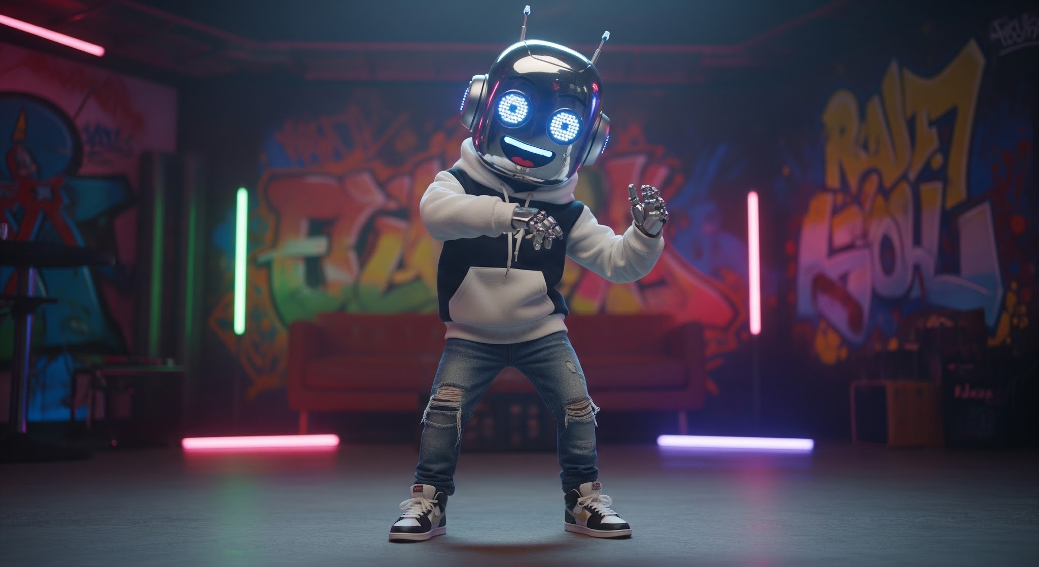 a robot dancing as an influencer for a tik tok video 