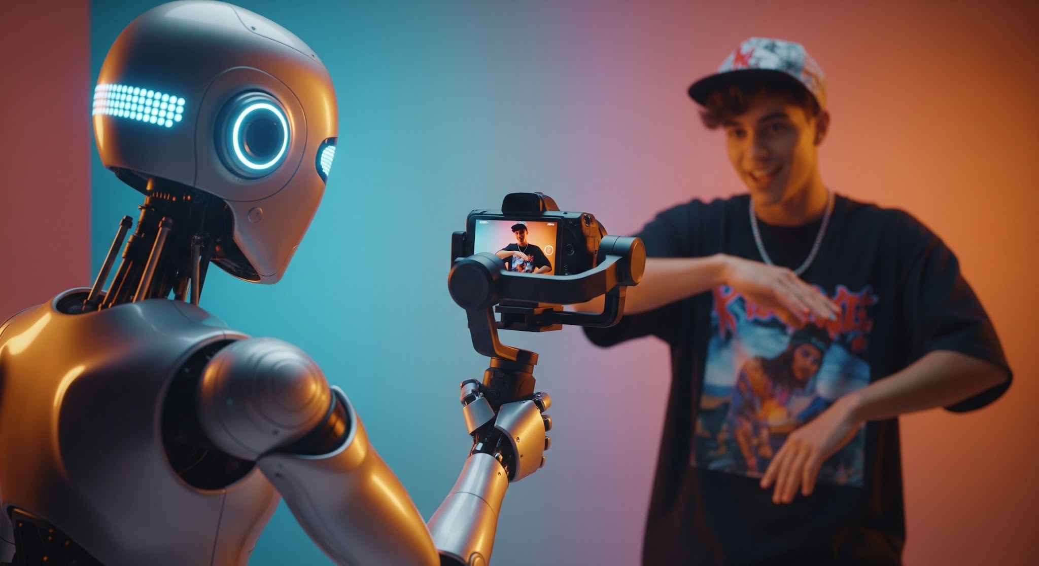 A robot taking a video of an influencer to put on a tik tok
