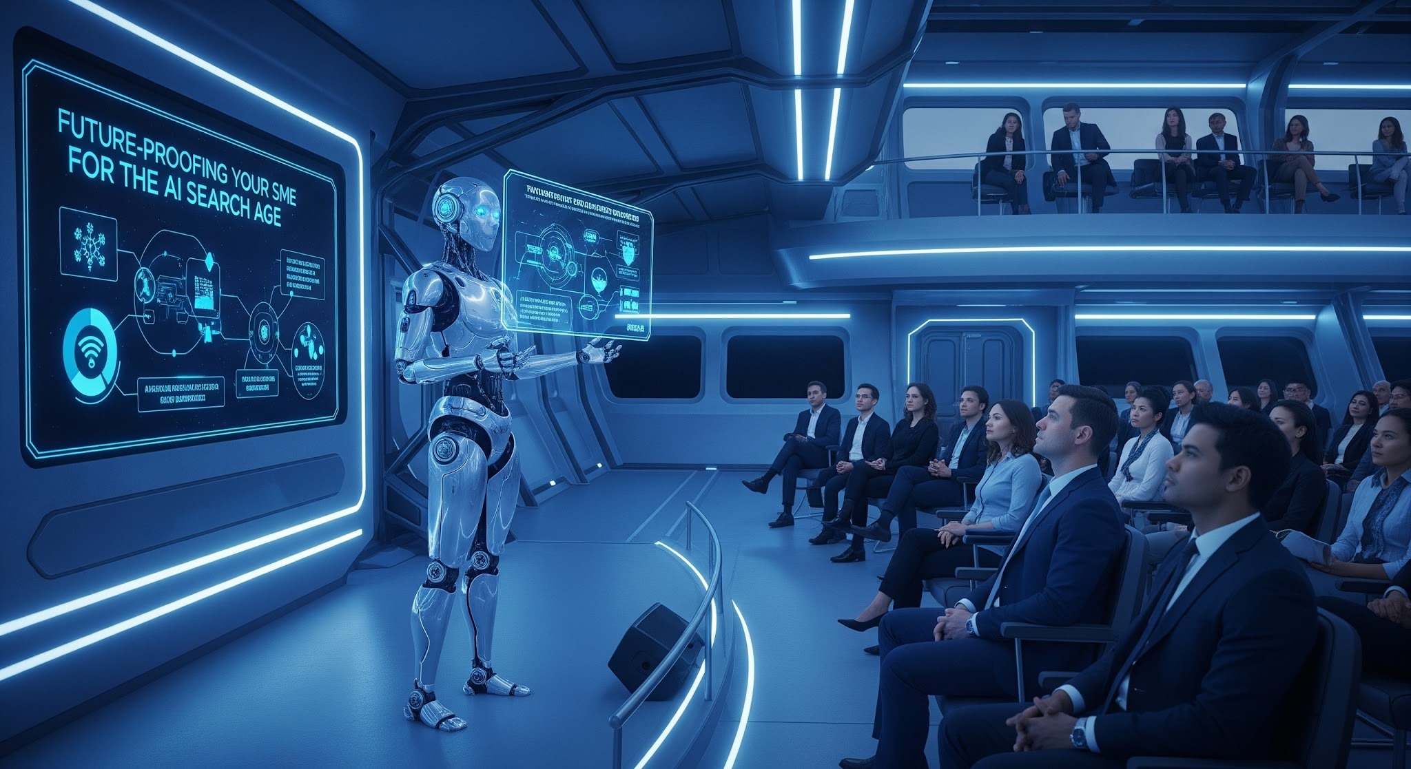 The futurist robot doing a presentation on spaceship about 