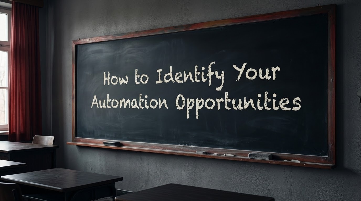 How to Identify Your Automation Opportunities written on a class board. Landscape format an colors  #c15549 
 #e4e4e4 
 #683935 
 #040404 
 #a8a8a8 
 #747474 
 #7c7c7c 
 #343434 
 #281a1a 
 #3c3c3c 
 #1c1c1c 
 #141414 

