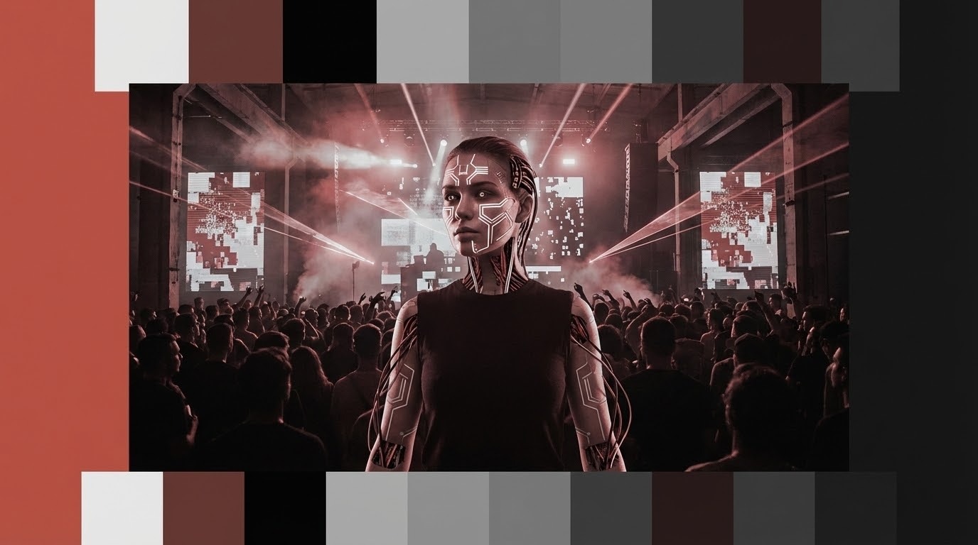 A rectagular image of a Human-Digital Hybrid in a tecno concert Using these colors #c15549 #e4e4e4 #683935 #040404 #a8a8a8 #747474 #7c7c7c #343434 #281a1a #3c3c3c #1c1c1c #141414