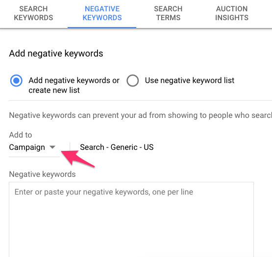 Negative keywords in PPC campaign